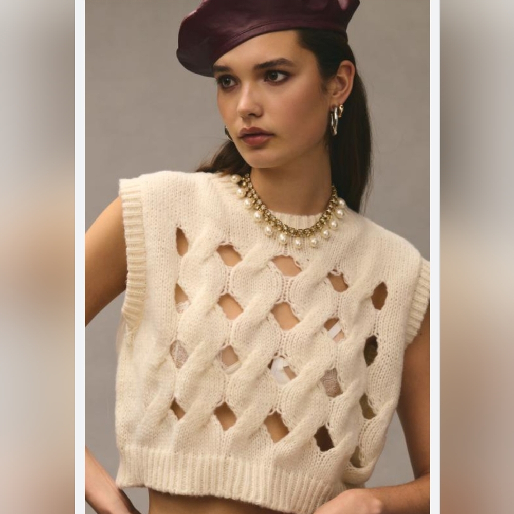 Pilcro Cream Open-Knit Sleeveless Sweater Vest